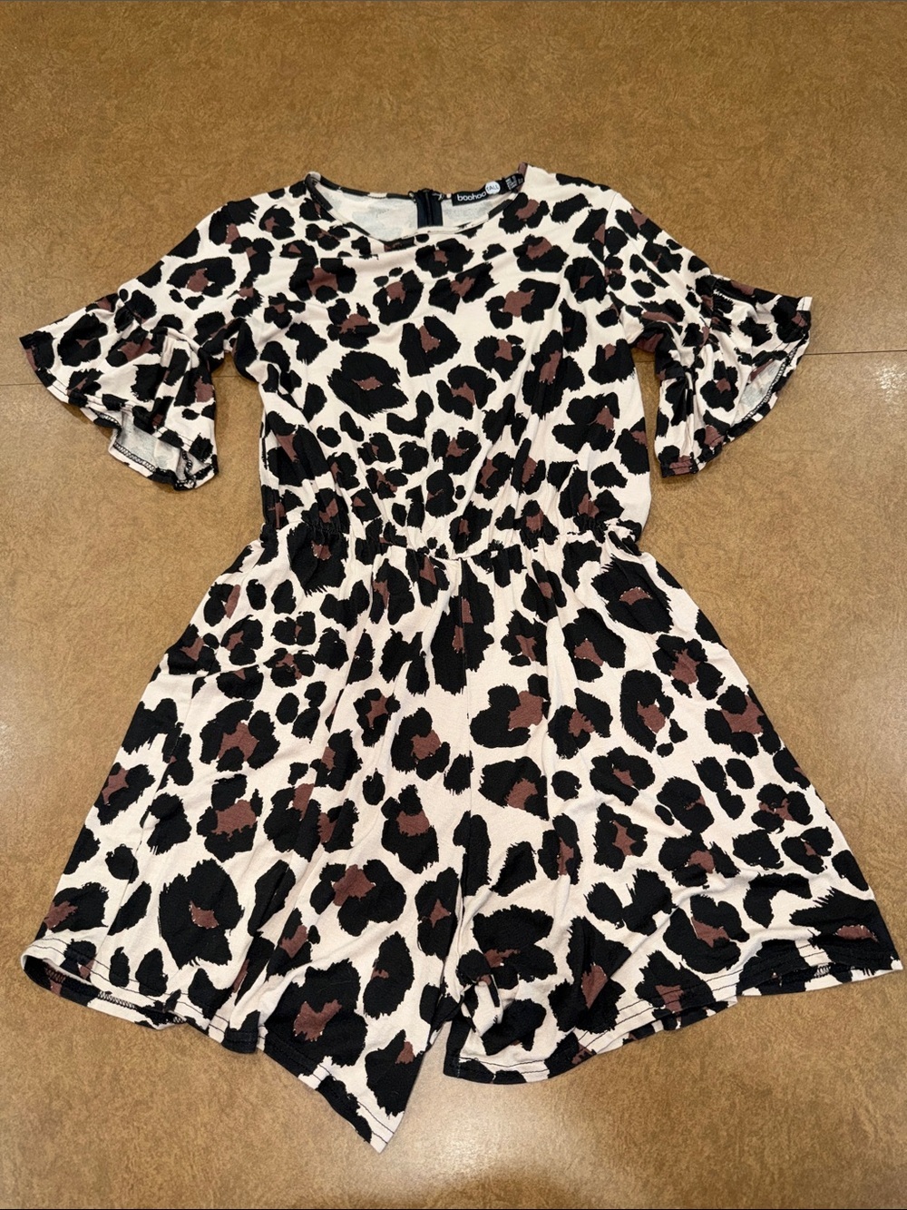 Boohoo Tall Cream, Brown and Black Leopard Print Romper 95% Viscose Lightweight